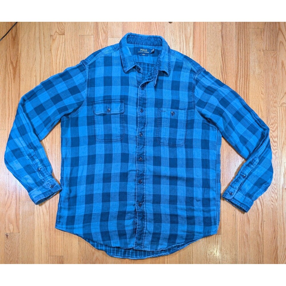 Polo Ralph Lauren Mens XL Indigo Buffalo Plaid Flannel Button Down Shirt Blue